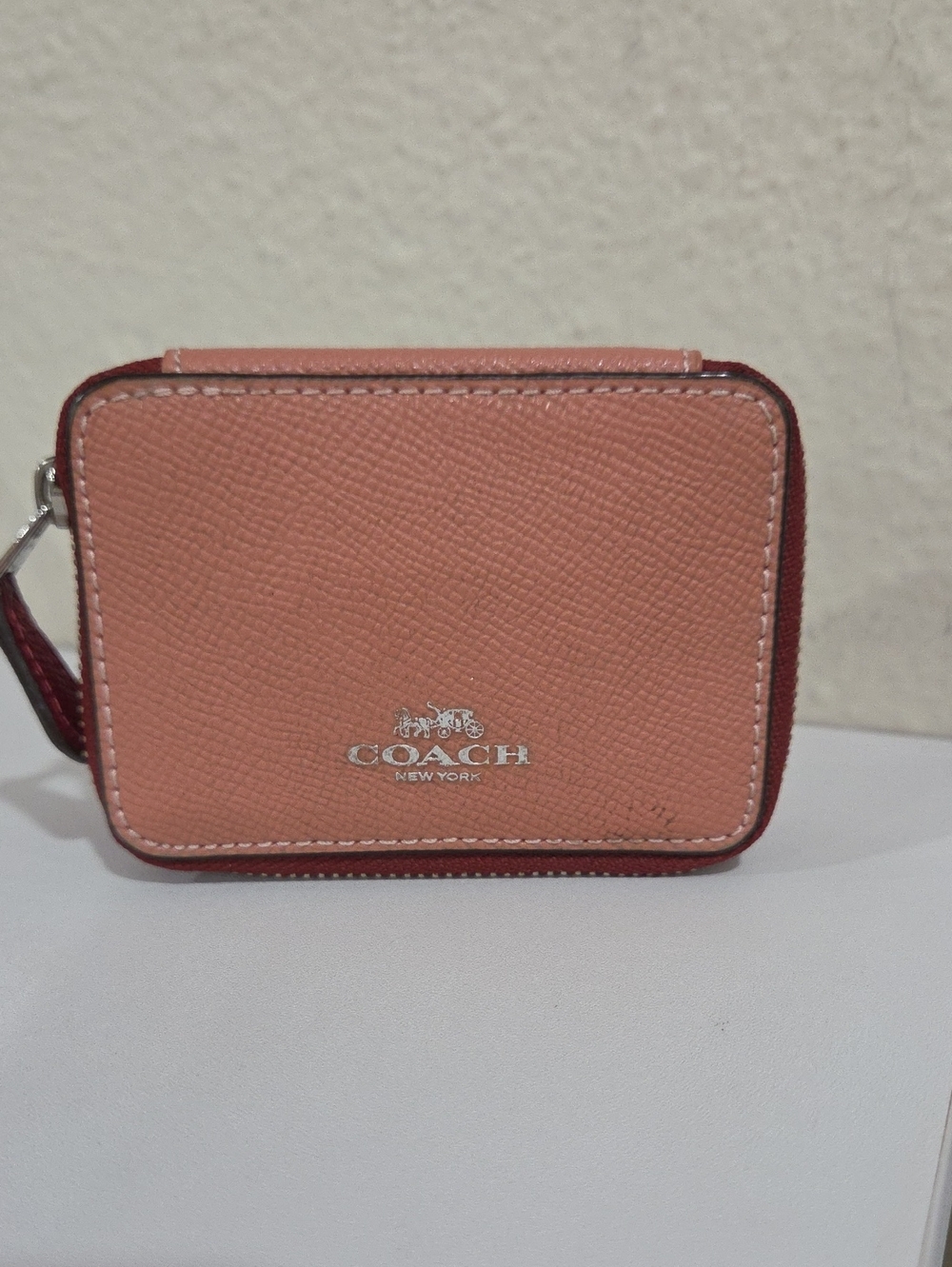 Coach Compact Pebble Leather Vintage Pillbox in Peach with Red Trim
